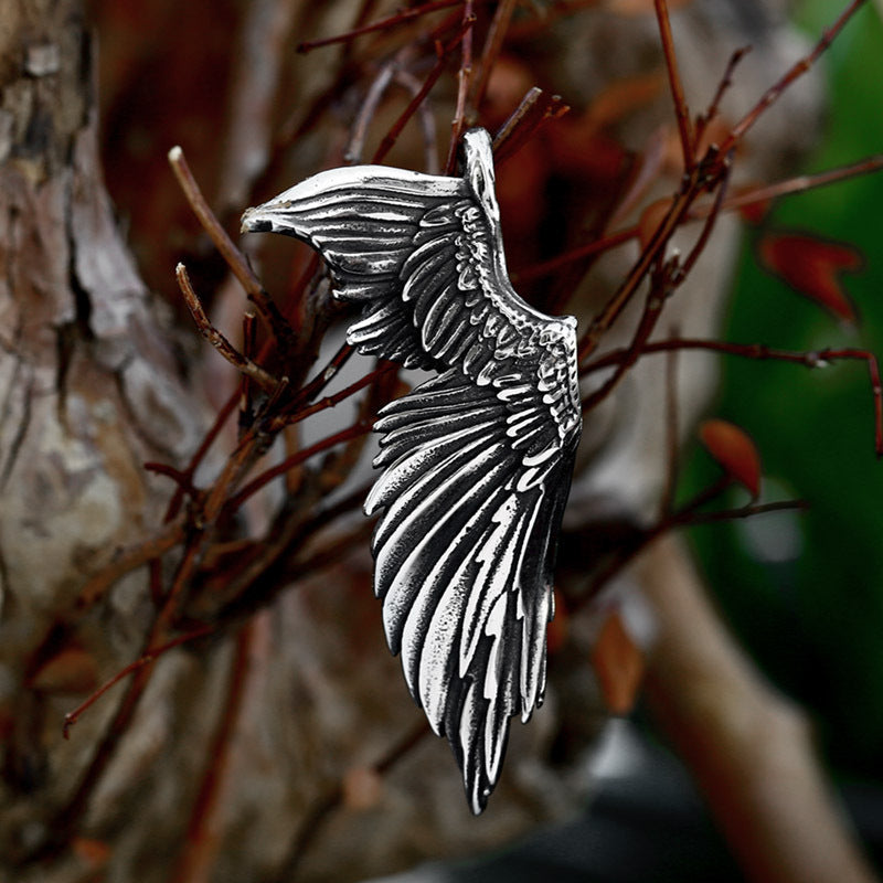 Titanium Steel Retro Angel Wings Pendant for Men - Unique Stainless Steel Feather Wing Accessory