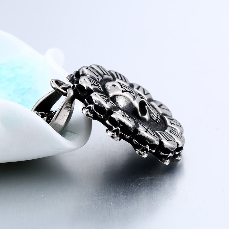 Men's Retro Punk Skull Pendant with Roman Numerals in Titanium Steel - European and American Style Jewelry