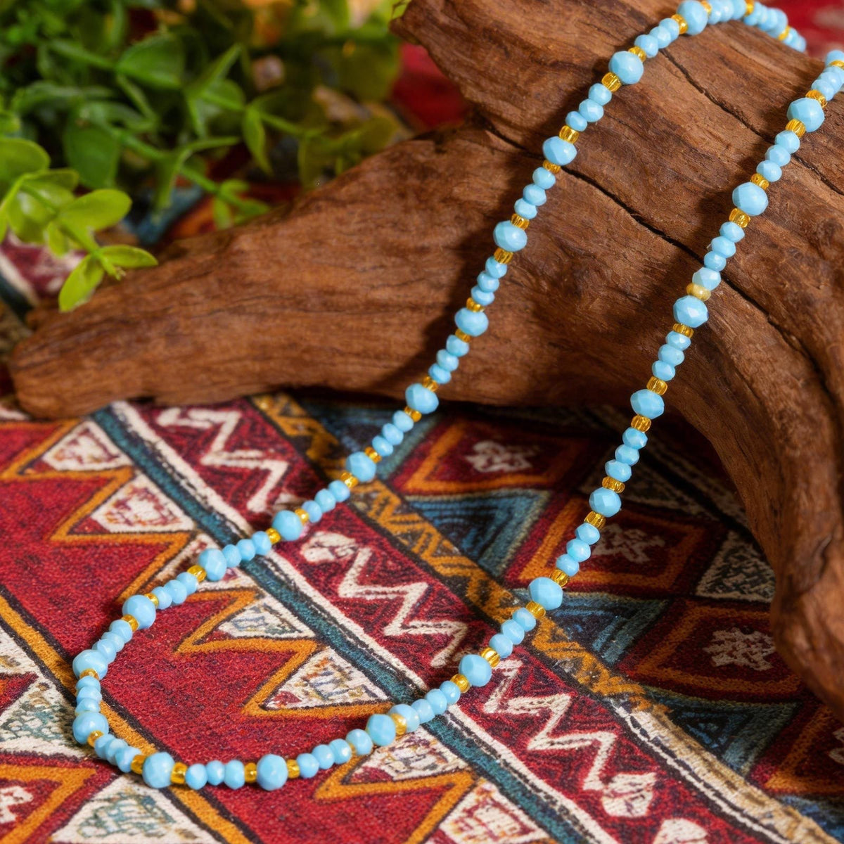 Stainless Steel Blue Rice Bead Gold Bead Necklace Neck Chain Beaded Summer Vacation