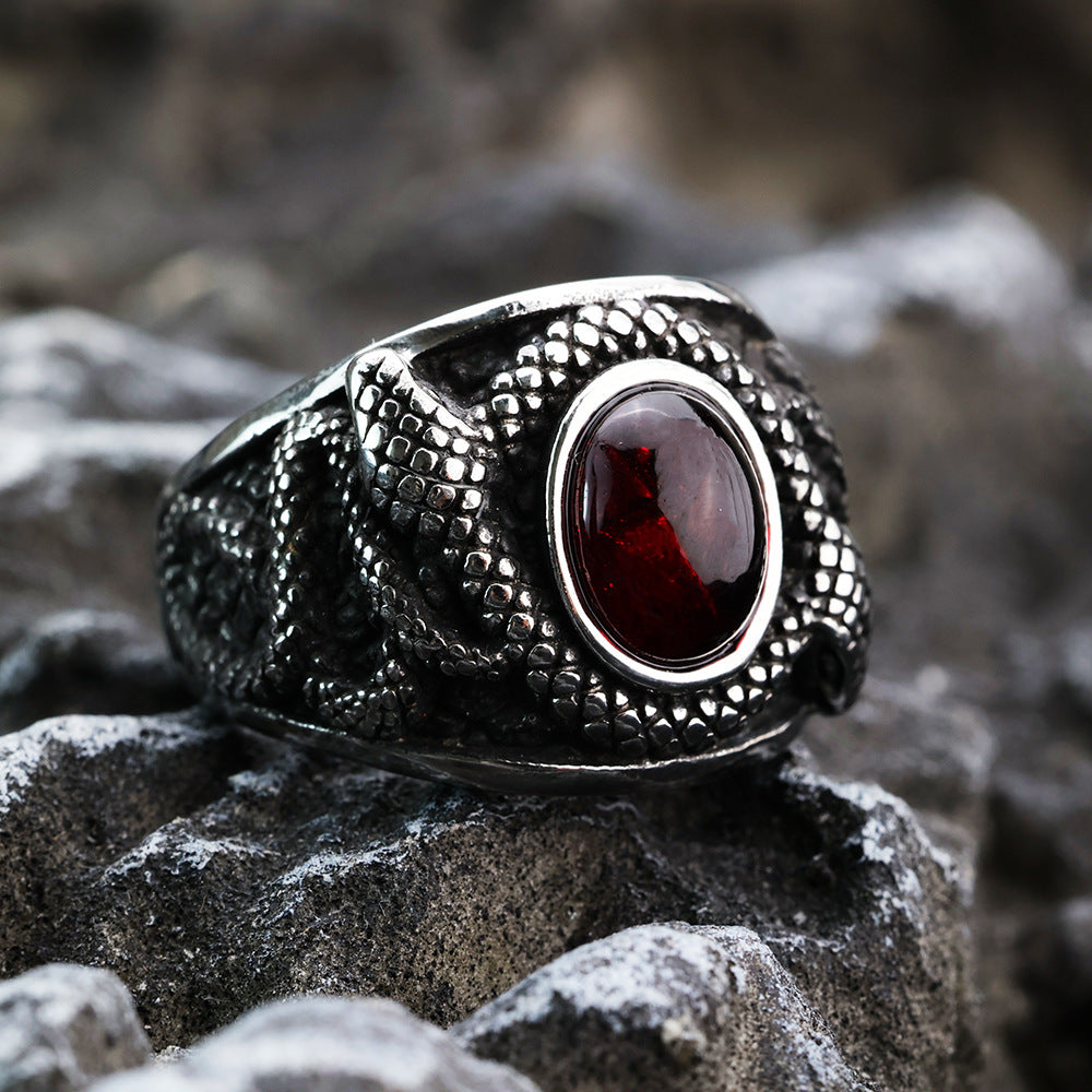 European And American Retro Stainless Steel Men's Ring Personalized Ruby Double Snake Ring