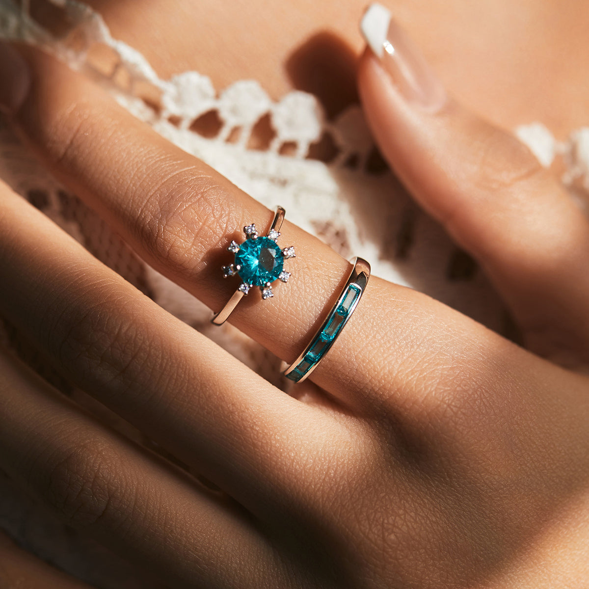 925 Sterling Silver Paraiba-Color Pavé Zircon Square Ring