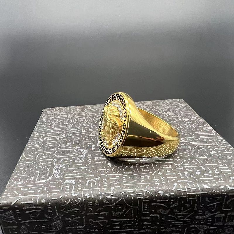 Planderful Everyday Genie Hip Hop Ring Titanium Steel Gold Plated Rhinestone Greek Mythology Head Mens