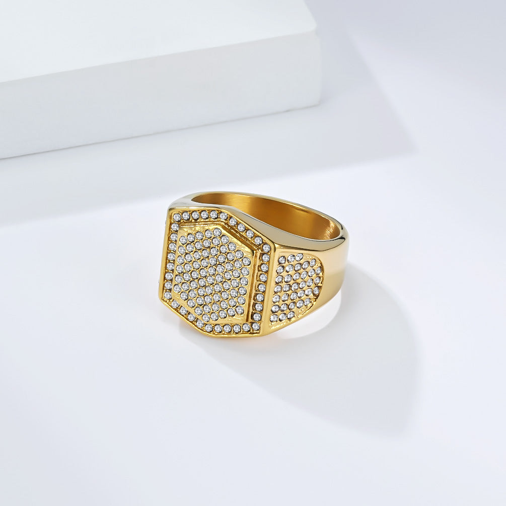 Planderful Gold Plated Full Zircon Hexagonal Ring For Men High End Light Luxury Titanium Steel