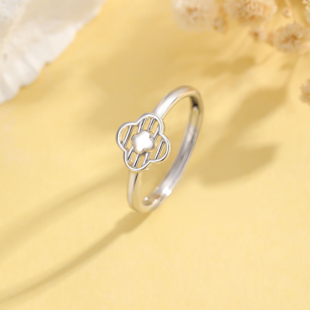 Sterling Silver Clover Ring For Women Adjustable Open Tail Elegant Luxury Planderful Collection