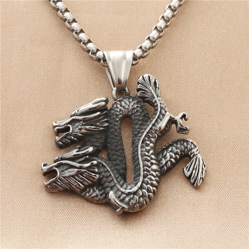 Titanium Steel Chinese Dragon Pendant Necklace for Men - Retro Punk Style
