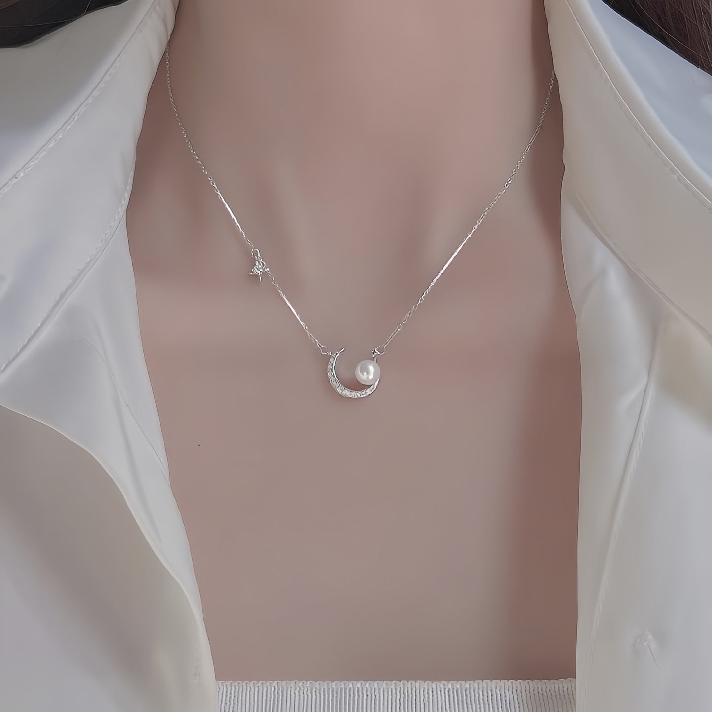 Planderful 925 Sterling Silver Pearl Moon Necklace For Women Collarbone Chain Elegant Luxury Pendant