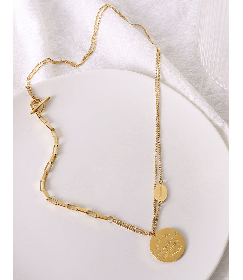 Golden Round Pendant Necklace with OT Buckle Design - European Style