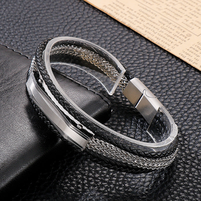 Planderful Stainless Steel Chain Leather Bracelet For Men
