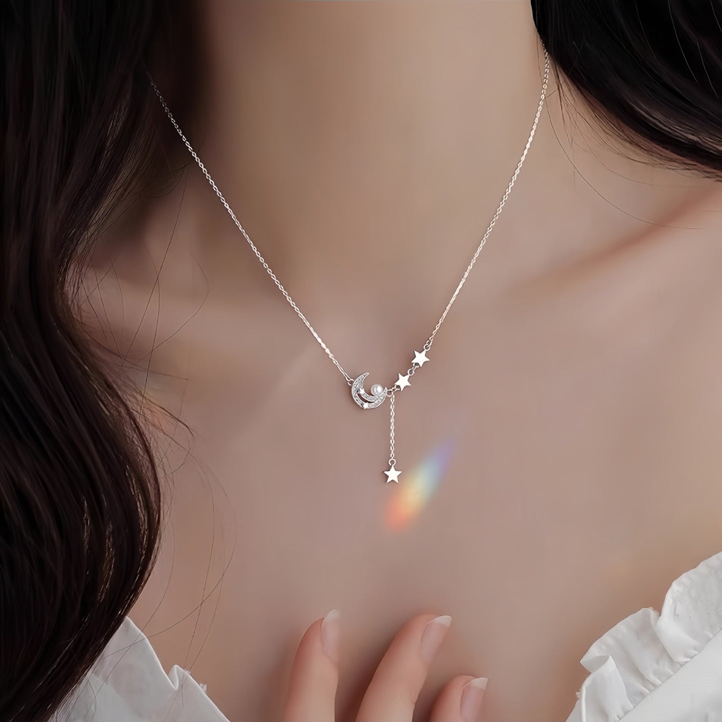 Planderful 925 Sterling Silver Star Moon Necklace With Pearl Pendant For Romantic Girls