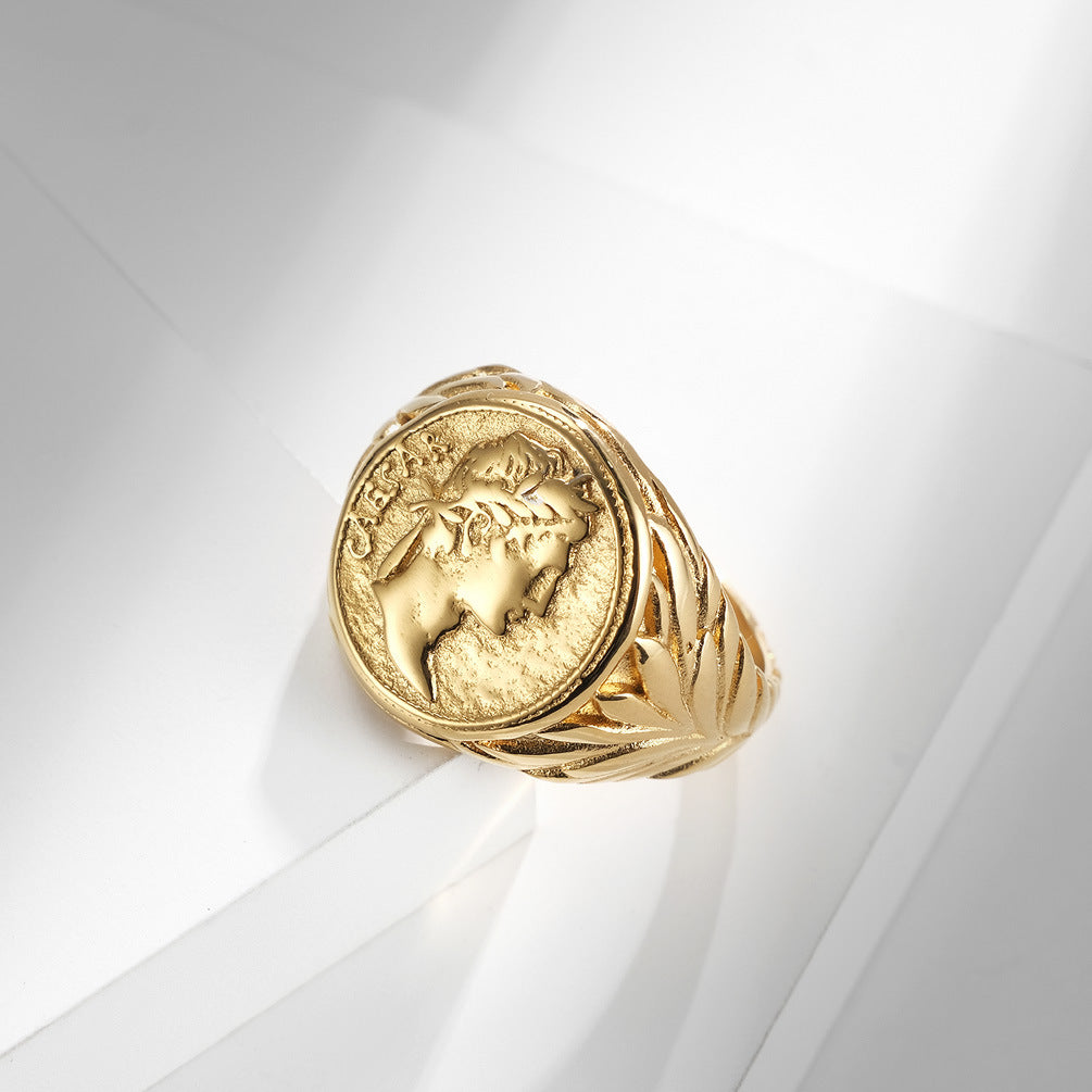 European And American Style Roman Empire Julius Caesar Stainless Steel Ring, Retro Coin Caesar Head Hipster Jewelry For Men
