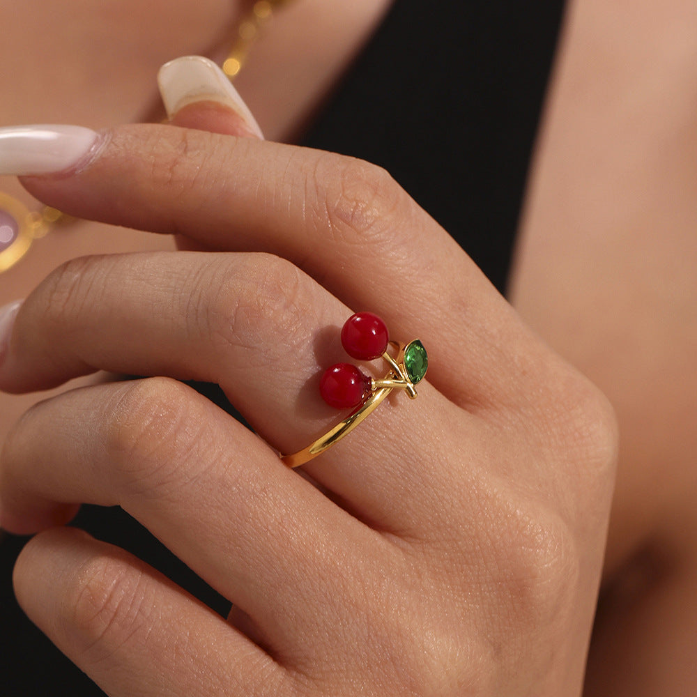 Planderful Cherry Rhinestone Open Index Ring 18K Gold Women
