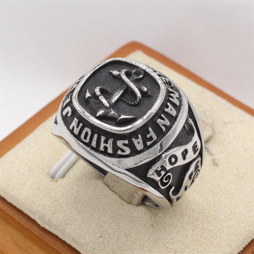 Planderful Everyday Genie Men's Titanium Steel Ring – Retro Boat Anchor Design for European and American Style
