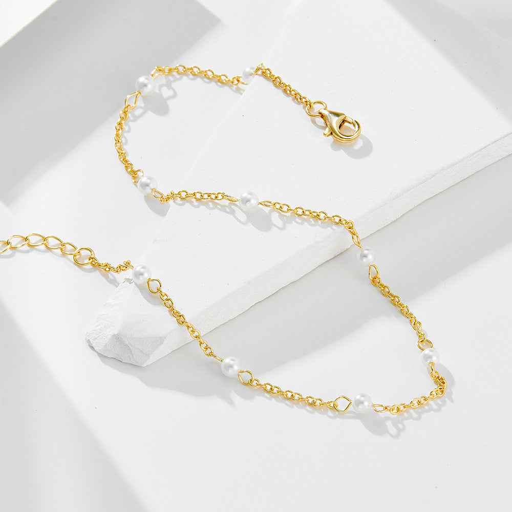 S925 Sterling Silver Plated 14k Gold Pearl Beaded Anklet And 3mm Bead Foot Bracelet