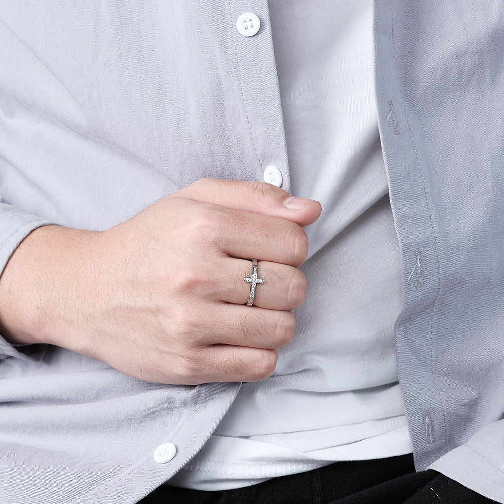 Titanium Steel Cross With Zircon Ring for Men and Women