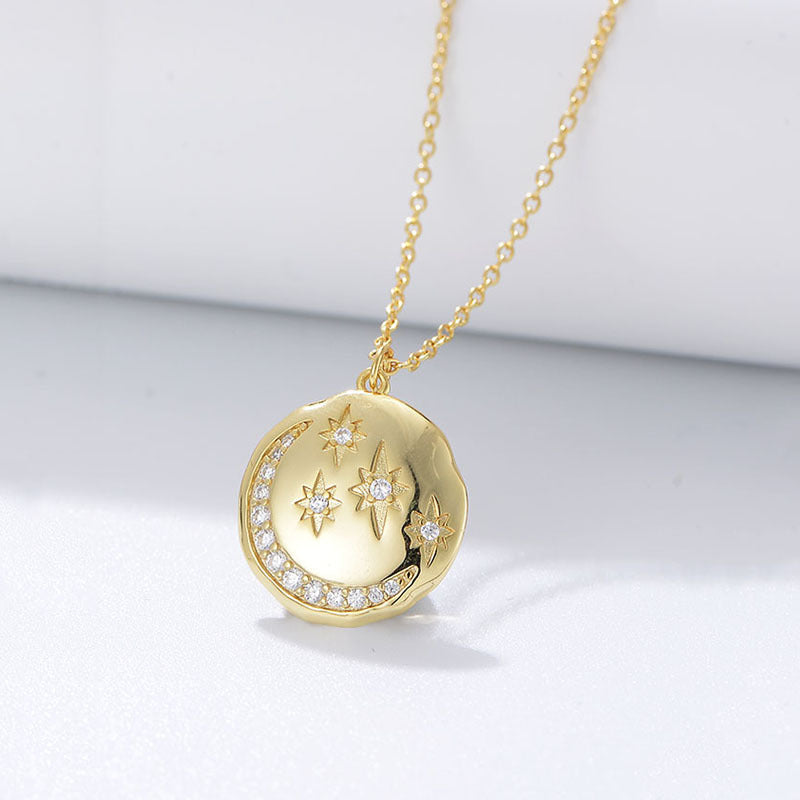 S925 Sterling Silver Round Coin Star Moon Necklace Wind Inlaid Zircon Women