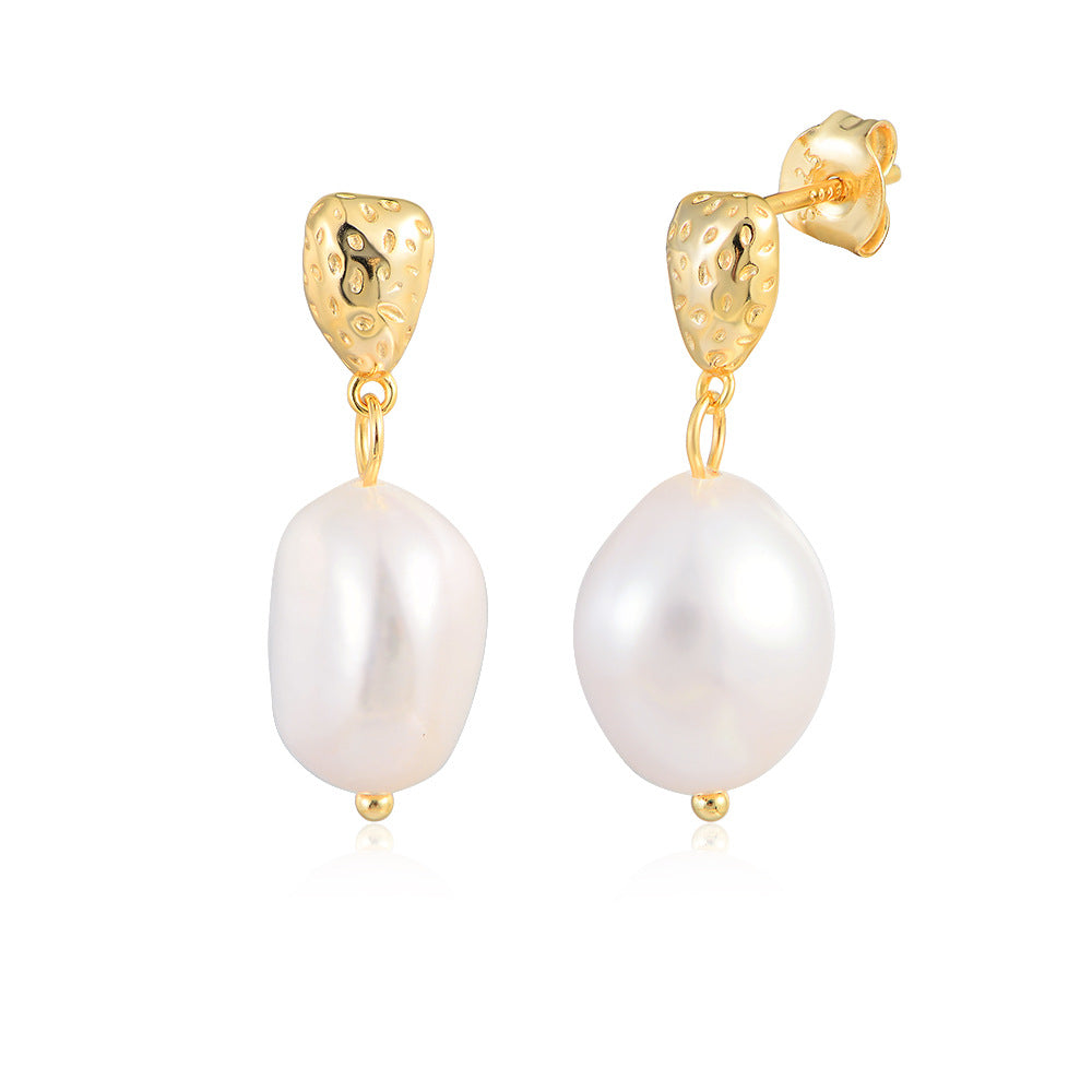 S925 Sterling Silver French Retro Baroque Natural Pearl Stud Earrings Light
