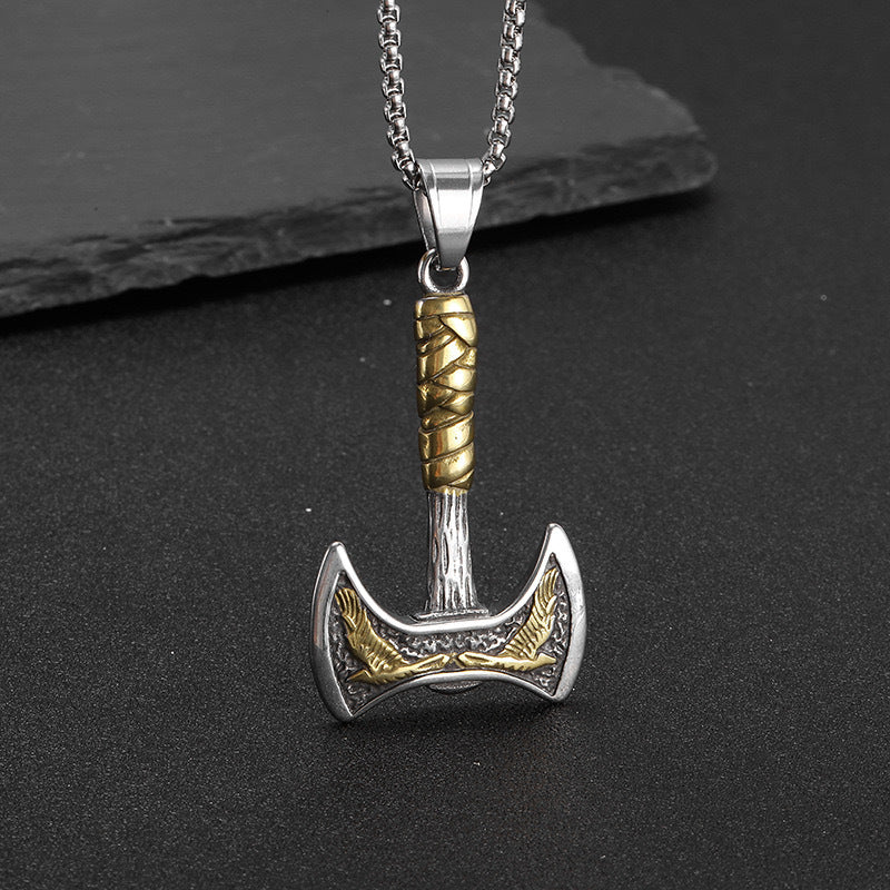 Viking Axe Pendant Necklace For Men Stainless Steel With Titanium Finish Double-Sided Bold Nordic Jewelry By Planderful