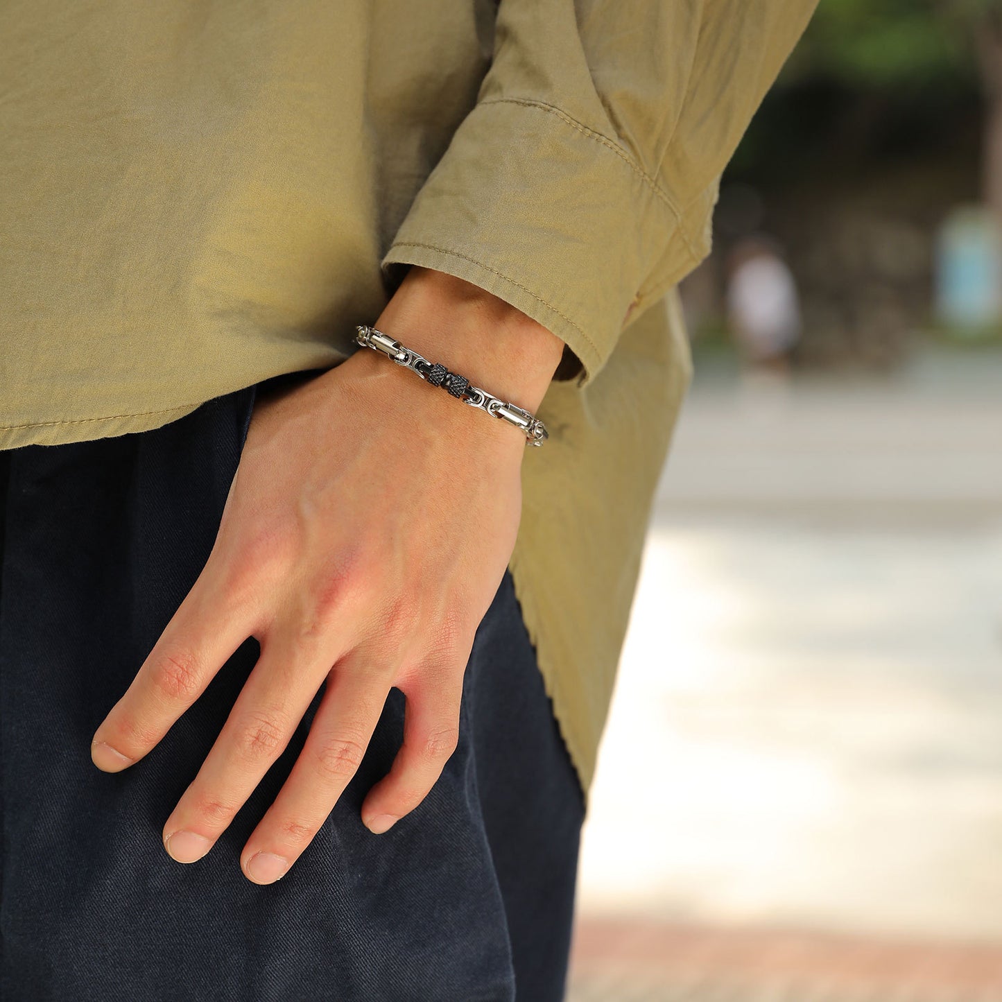 Stainless Steel Byzantine Handmade Chain Bracelet Men's Electric Black