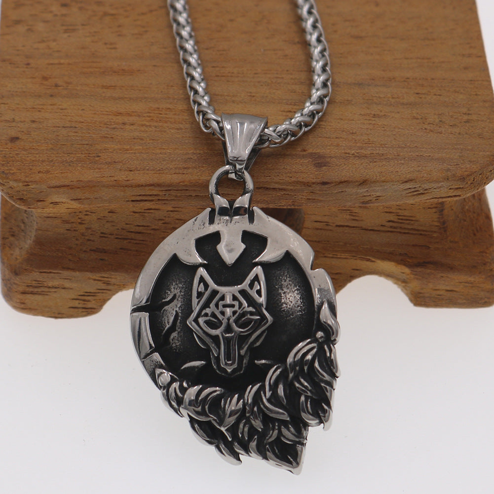 Nordic Myth Rune Necklace with Viking Odin Wolf Head Pendant for Men