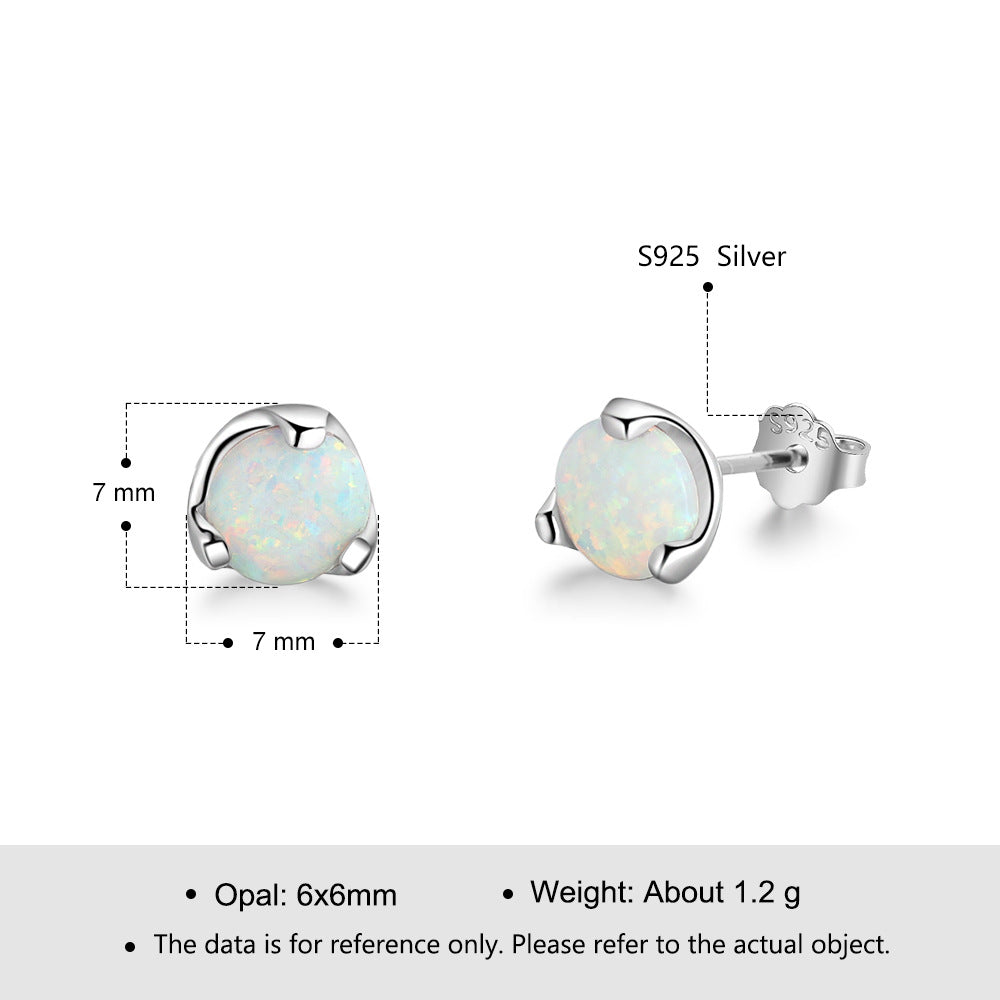Planderful Jewelry Opal Earrings Sterling Silver Three-Prong Round White Opal For Women