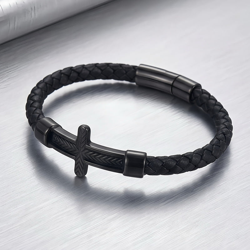 Wheat Ear Cross Curved Bar Woven Leather Bracelet Old Round Stainless Steel