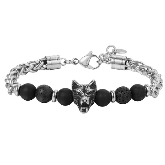 Planderful Everyday Genie – Hip Hop Stainless Steel Keel Chain Frosted Agate Tiger's Eye Wolf Head Bracelet