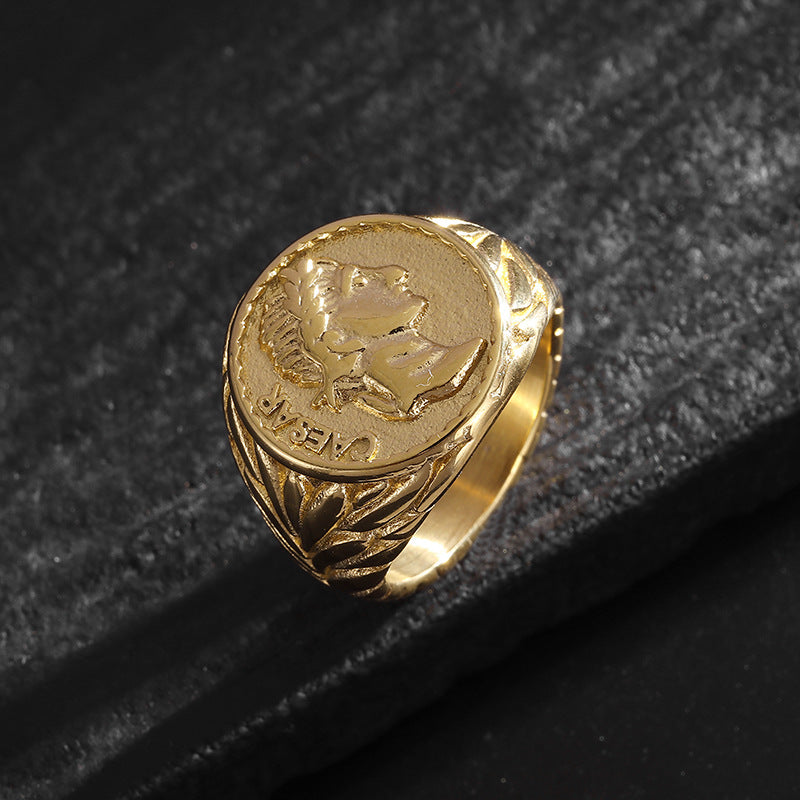 Julius Caesar Ring Stainless Steel Gold Plated Coin Portrait Premium Planderful Everyday Genie For History Buffs