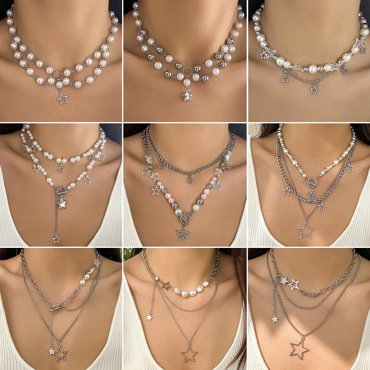 Cross-border Spice Girl Star Sweet Choker Necklace with Imitation Pearls and Metal Beads