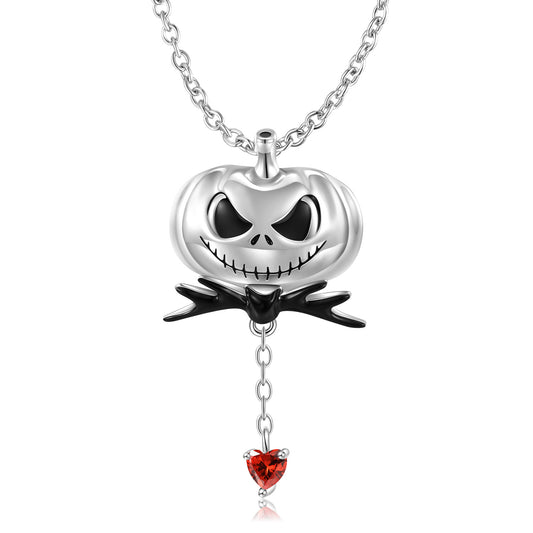Halloween Demon Pumpkin Pendant Heart Shape Red Zircon Tassel Silver Necklace