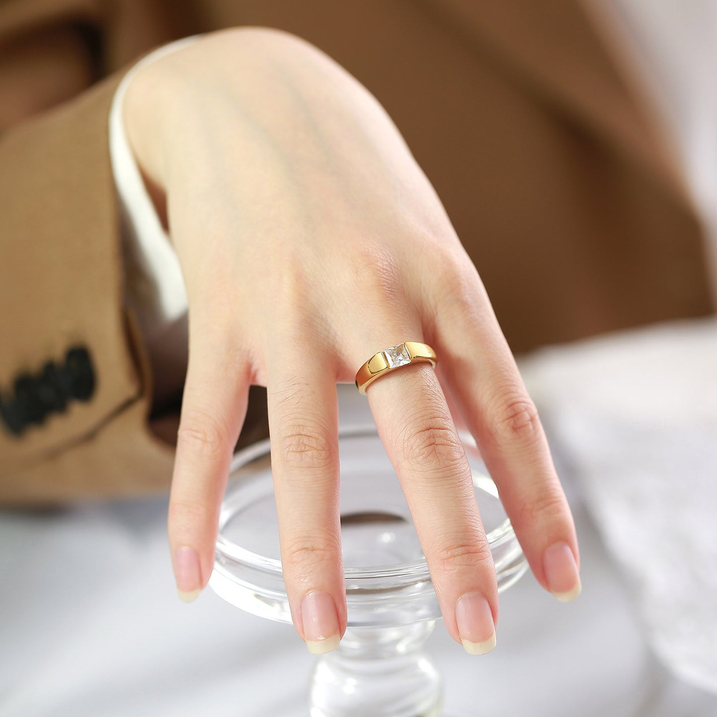 Titanium Steel Women's Ring 18k Gold Green Zircon Jewelry