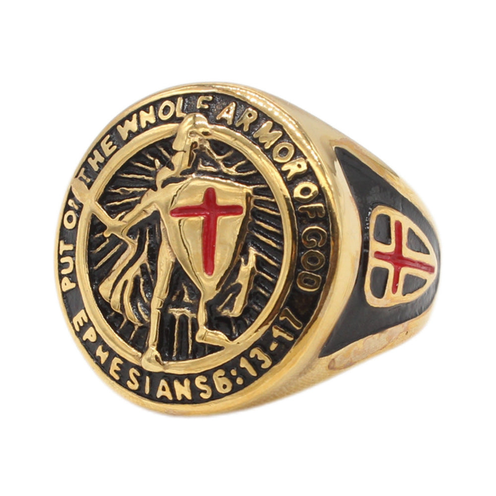 Planderful Titanium Steel Ring Knight Shield Cross Design For Men Unisex Statement Jewelry
