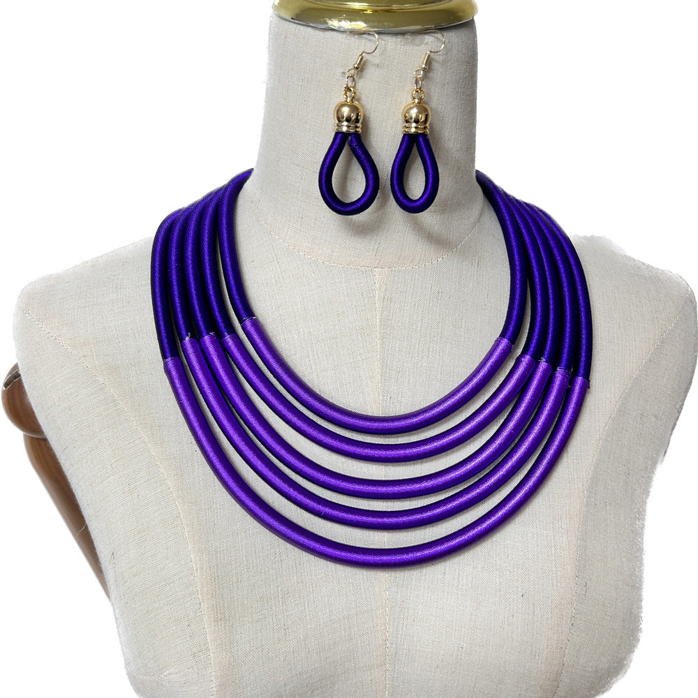Exaggerated Multilayer Braided Necklace and Earrings Set - Savanna Rhythms