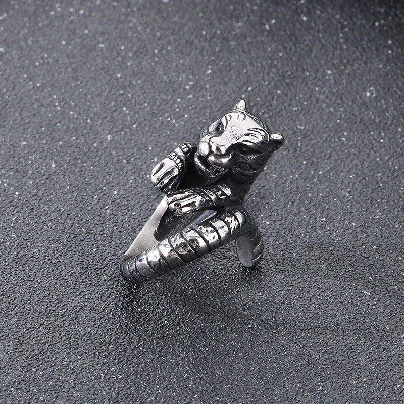 Planderful Zodiac Tiger Head Ring Mens Titanium Steel