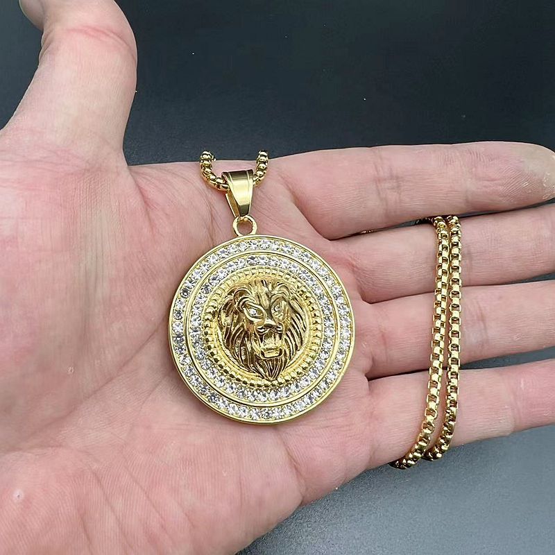 Rhinestone Necklace - Luxury Lion Head Pendant, Gold-Plated Stainless Steel, Planderful Hip Hop Jewelry