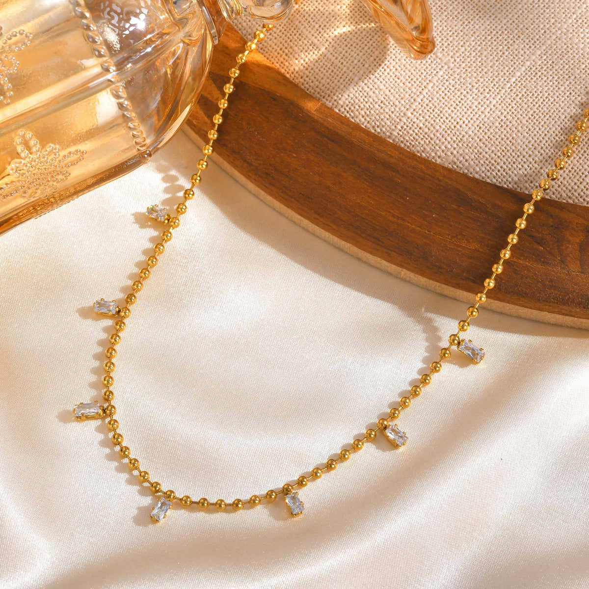 Stainless Steel Bead Chain White Square Zircon Gold Necklace Female