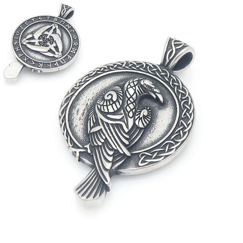 Viking Mythology World Tree Double Wolf Disc Pendant, Nordic Luhn Rune Crow Deer Necklace