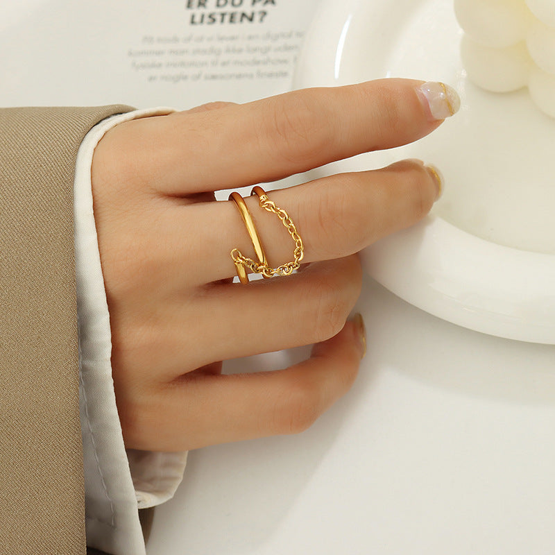 Elegant Double-Layer Chain Ring in 18K Gold-Plated Titanium Steel for Women, Retro Style