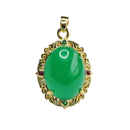Ethnic Style Oval Golden Pendant with Green Chalcedony and Red Agate Edging