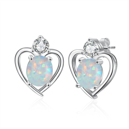 Oval Opal Small Round Zircon Heart Shape Sterling Silver Stud Earrings