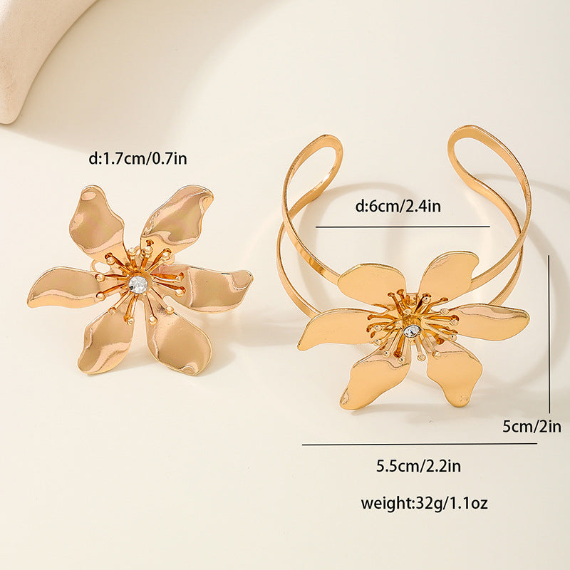 Trendy Metal Diamond Flower Leaf Jewelry Set for Women