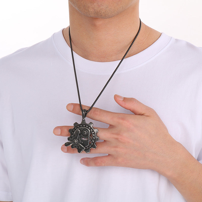 Age Of Steam Pendant, Punk Retro Stainless Steel Boiled Black Mechanical Gear Men's Necklace