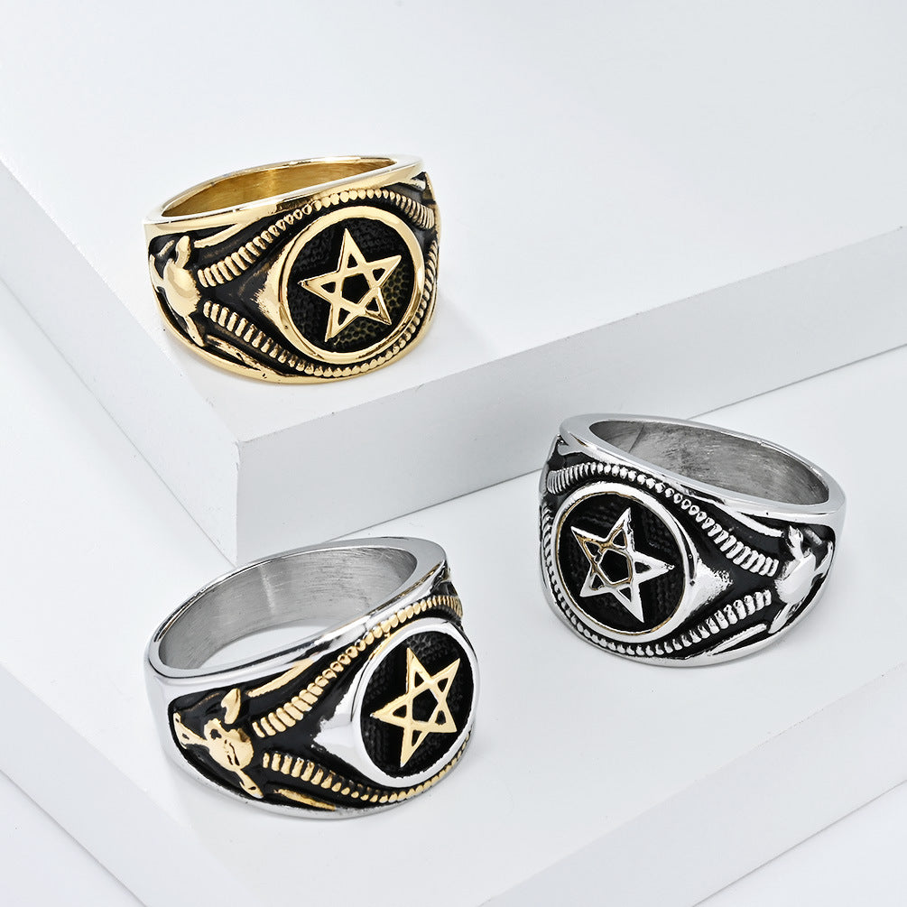 Planderful Gothic Pentagram Ring For Men Durable Titanium Steel Vintage Dark Wind Style For Modern Gothic Jewelry Lovers