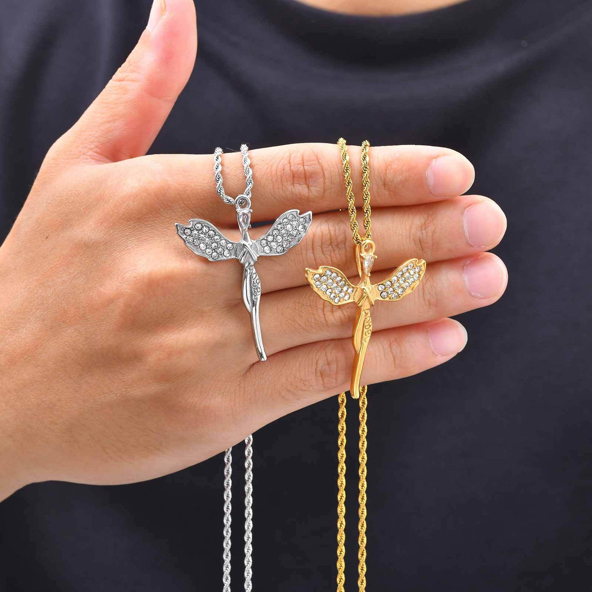Angel Cross Necklace Stainless Steel Zircon Pendant – Religious Wind