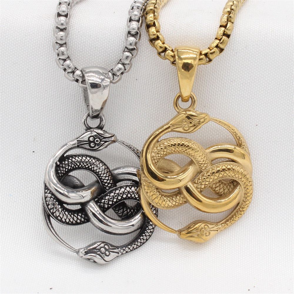 Planderful Titanium Steel Pendant For Men Retro Double Snake Design Unisex Protection Statement Jewelry
