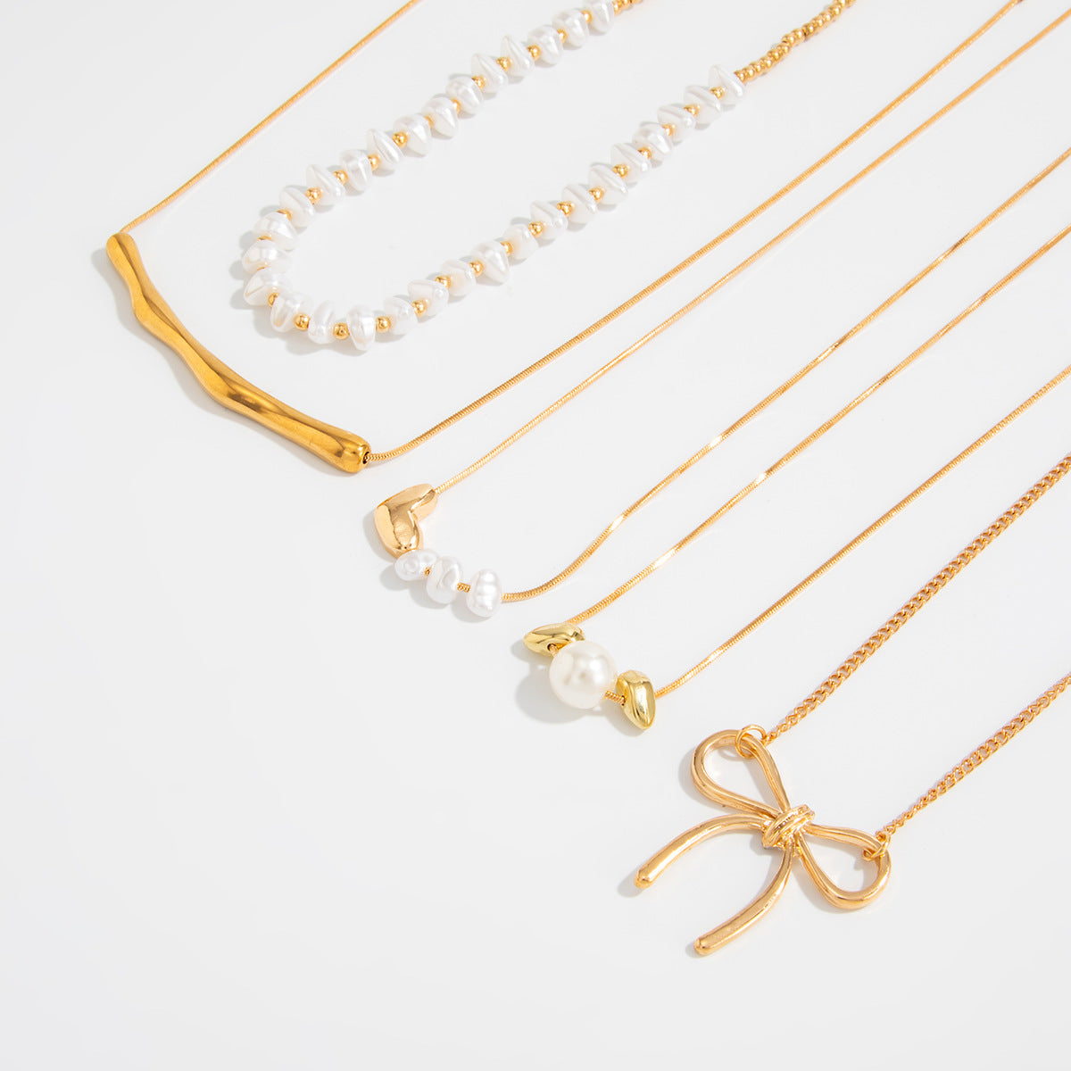 Geometric Pearl Heart & Bow Layered Necklace