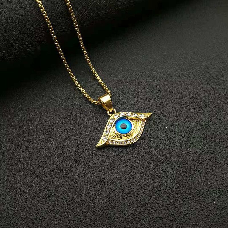 Planderful Hip Hop Jewelry Necklace Gold Plated Titanium Steel Turquoise Turkish Blue Eye Pendant With Zircon For Men