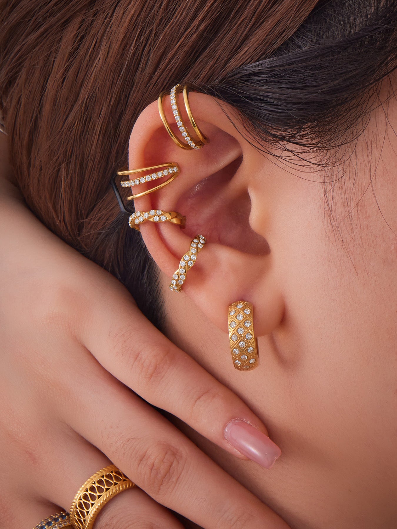 Planderful Women Zircon Ear Bone Clip Earrings 18K Gold