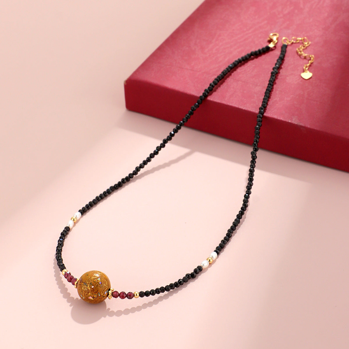 925 Sterling Silver Black Spinel Pearl Lacquer Bead Necklace