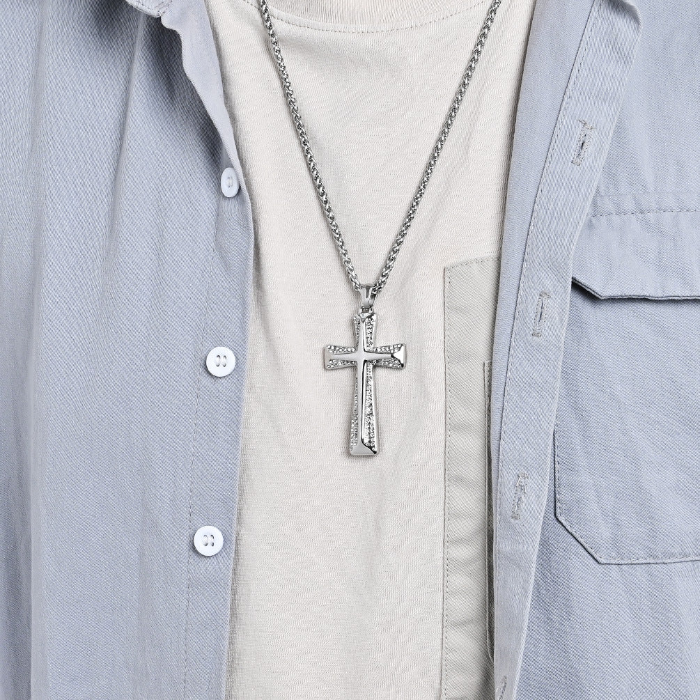 Planderful Premium Gold Plated Zircon Cross Necklace Titanium Steel Unisex Hip Hop Jewelry