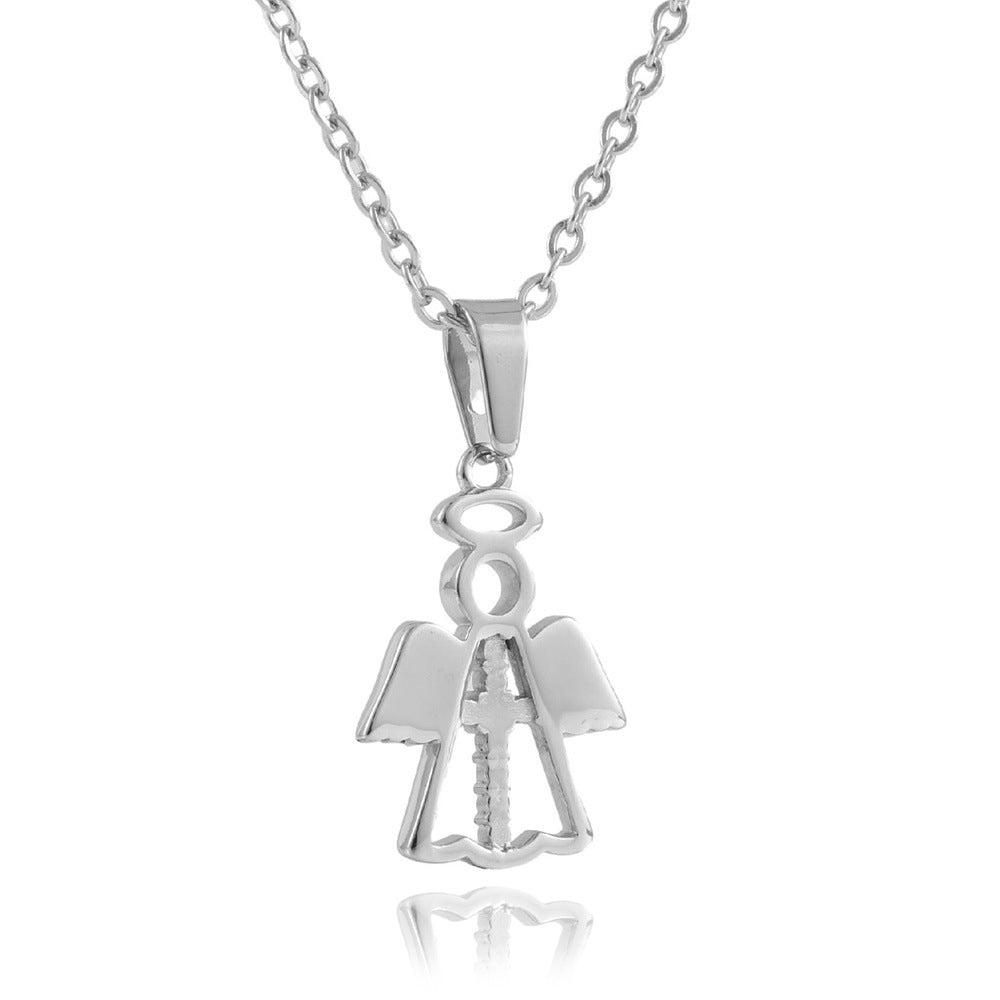 Titanium Steel Angel Wing Cross Pendant Necklace for Women - Personalized Punk Fashion Trend
